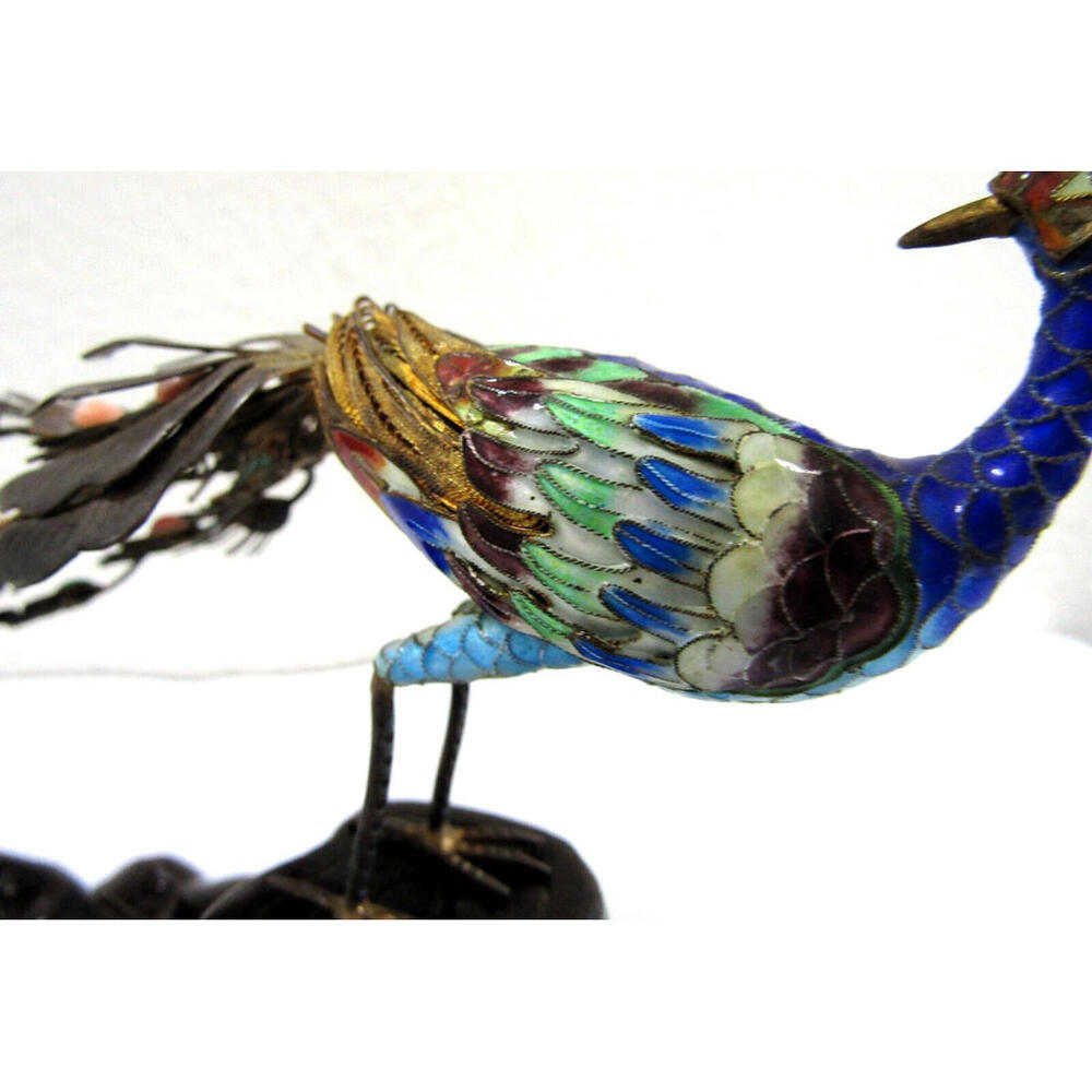 Antique Chinese Silver Gilt Cloisonne Jeweled Peacock Bird Sculpture 19th C. - Picture 14 of 16